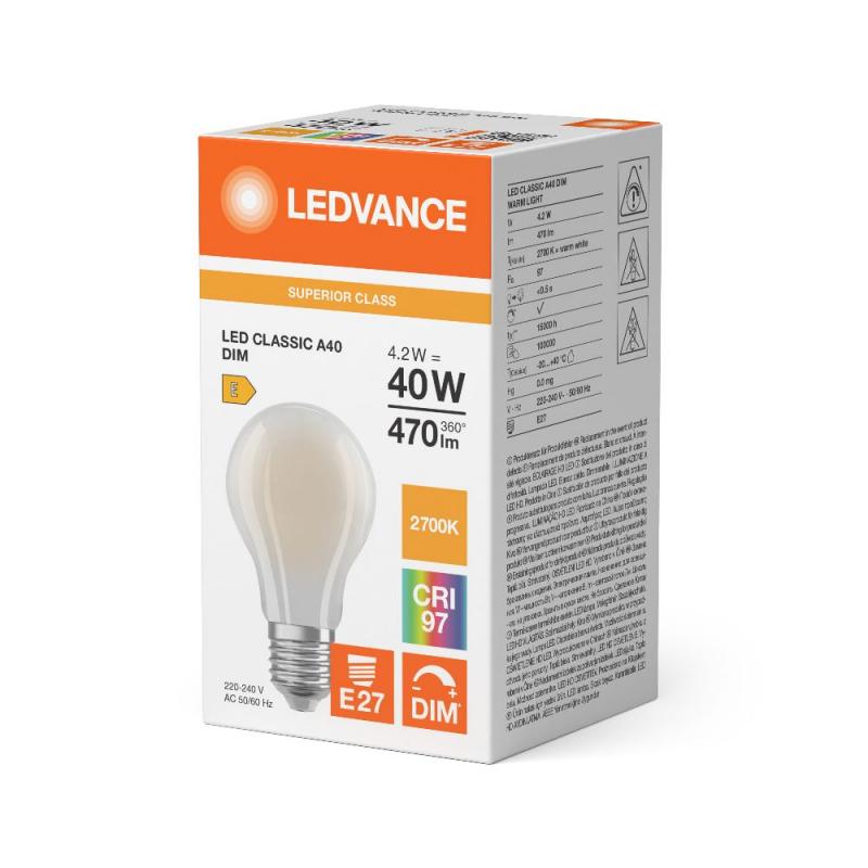 Ledvance E27 LED Lampe Classic dimmbar matt 4,2W wie 40W 2700K warmweißes Licht CRI97 sehr hohe Farbwiedergabe